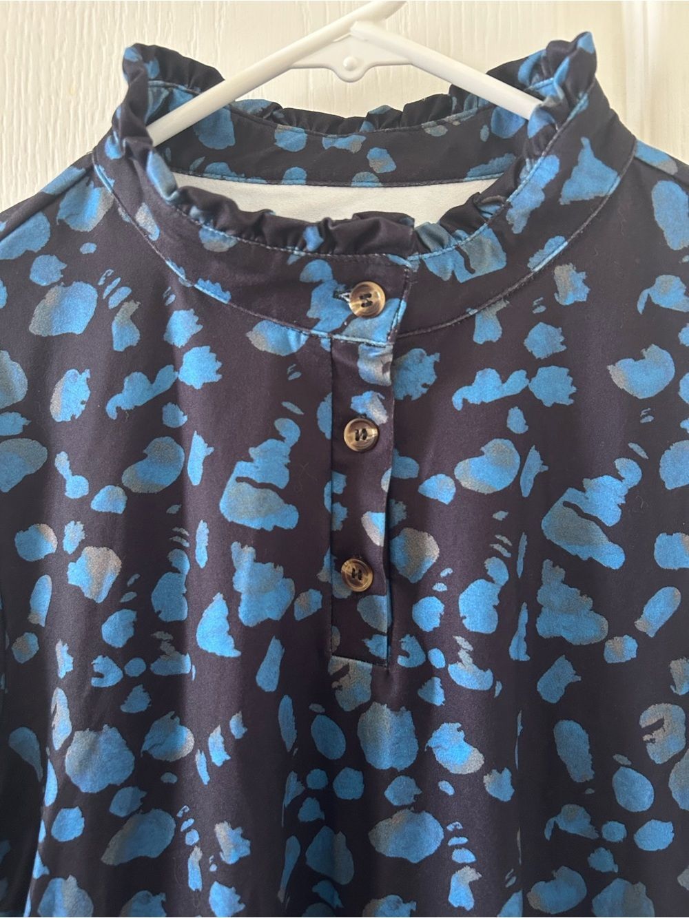 Blue & Black Abstract Leopard Animal Print Ruffle Mock Neck Long Sleeve Top - Picture 2 of 5